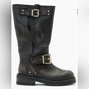 AllSaints Tay MOTO BIKER GOLD STUD BUCKLE PULL ON LEATHER BOOTS $450 US 7 RARE